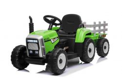 Electric Tractor WORKERS with trailer, green, Rear wheel drive, 12V battery, Plastic wheels, wide seat, 2.4 GHz Remote control, MP3 player with USB, LED Lights